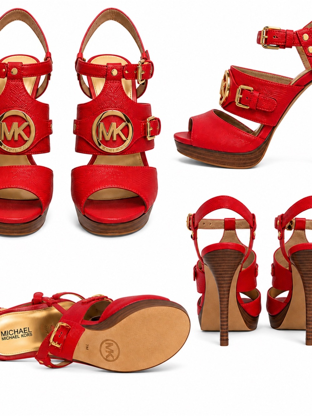 Michael Kors Red Leather Platform Sandals with Gold MK Emblem Sz 7